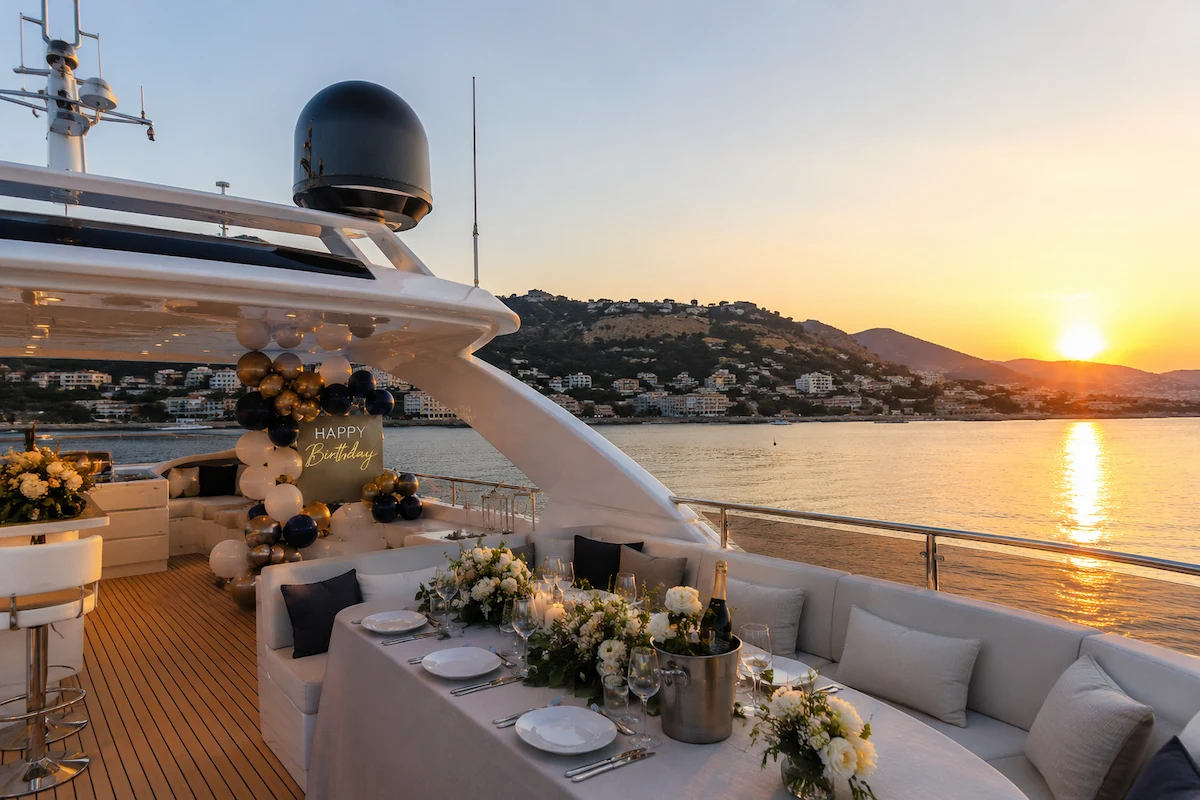 Table dressée sur le pont d’un yacht au coucher du soleil sur la Côte d’Azur