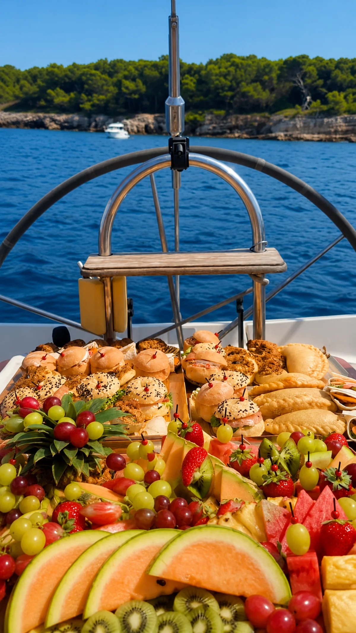 Buffet de fruits et de bouchées installé à bord d’un voilier face à la mer.