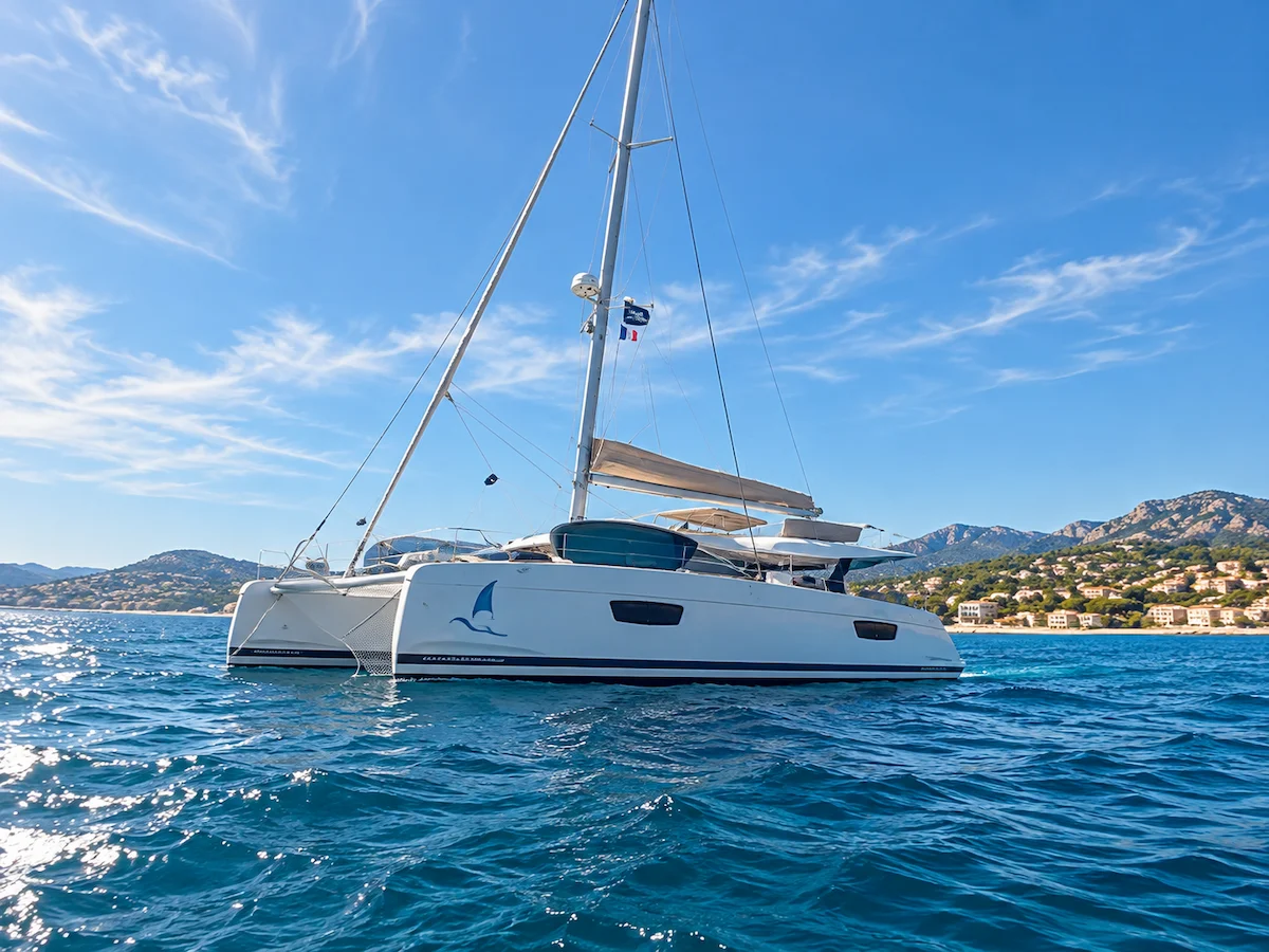 Catamaran blanc sur la Méditerranée au large de la Côte d’Azur