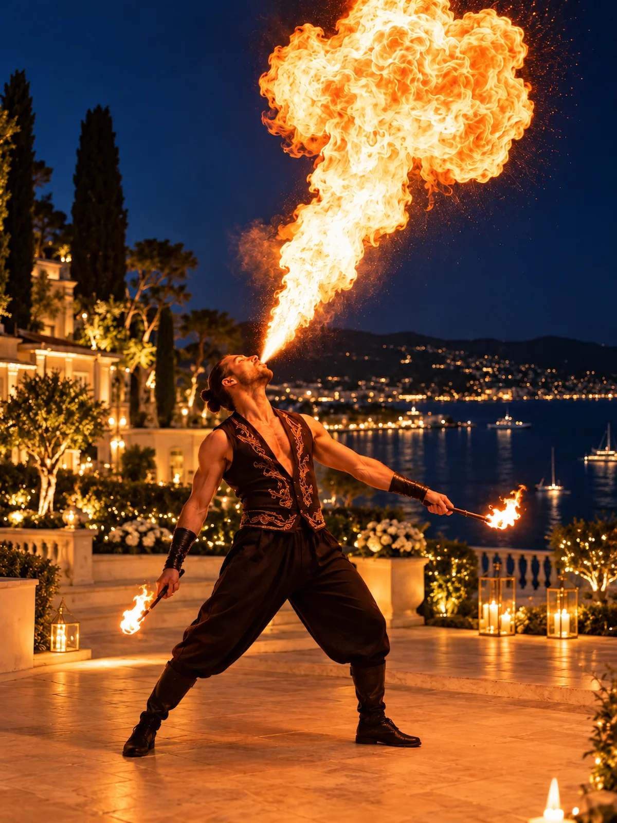 Illustration d’un cracheur de feu lors d’un spectacle nocturne sur la Côte d’Azur