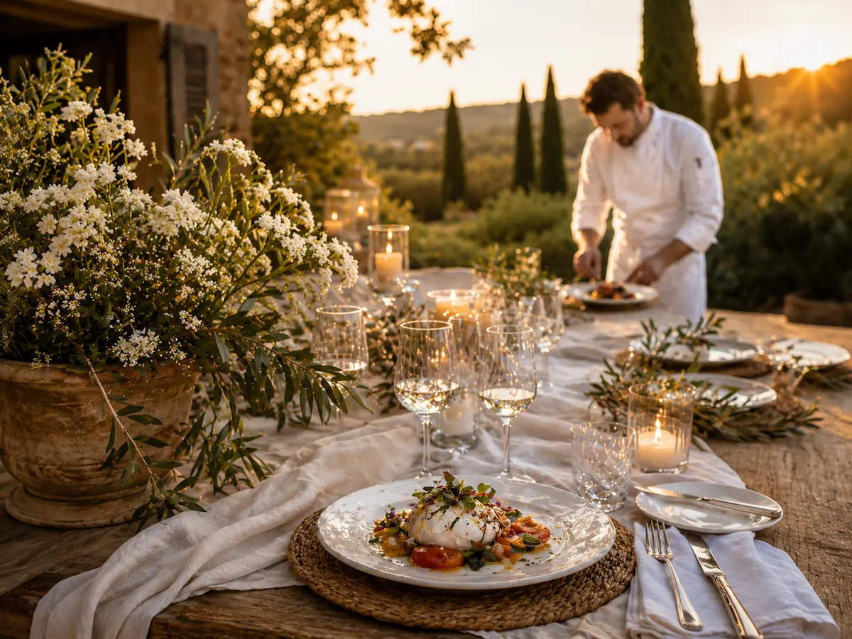 Chef dressant une assiette gastronomique pour un dîner privé