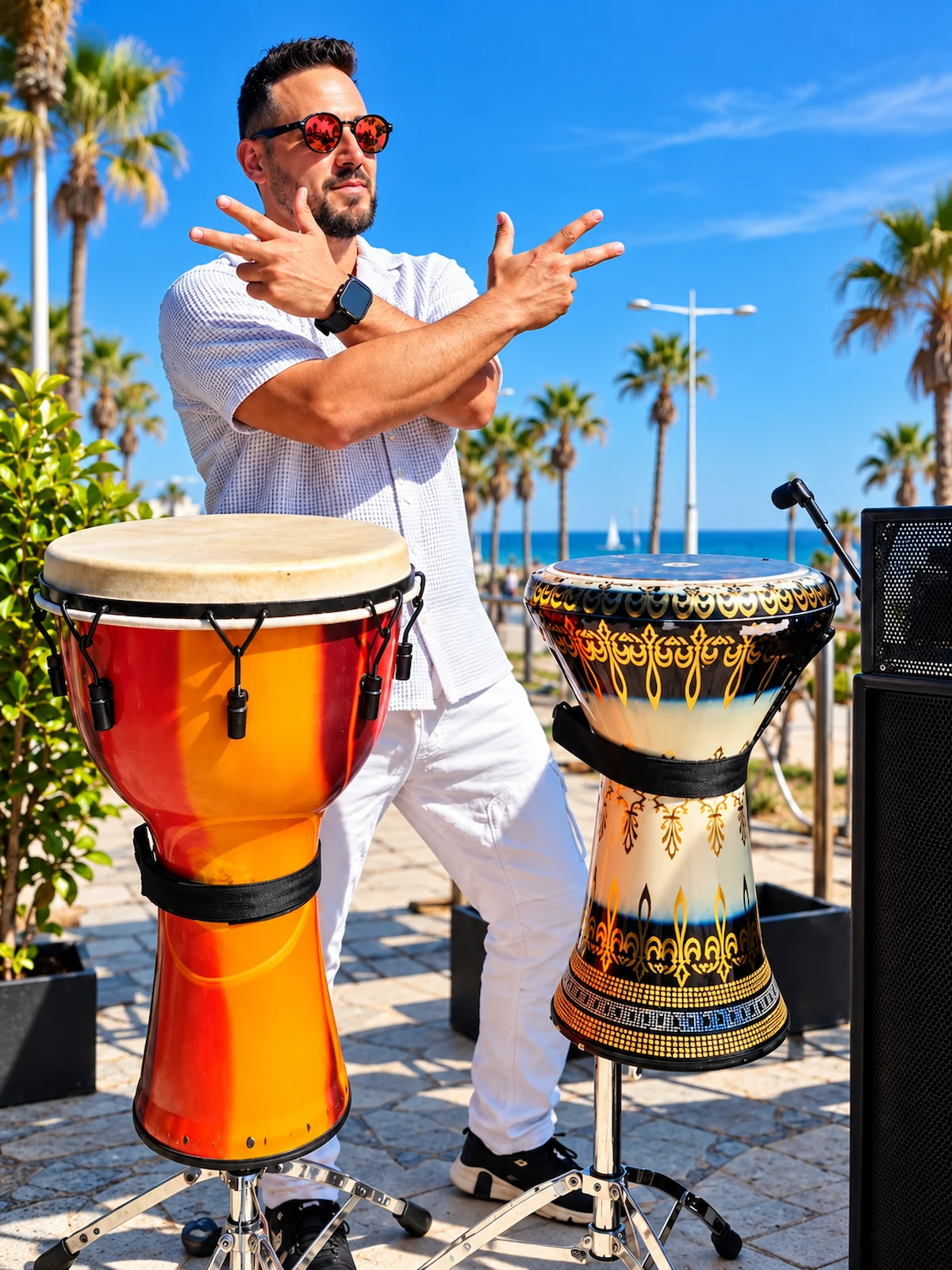 DJ percussionniste devant ses percussions sur la Côte d’Azur