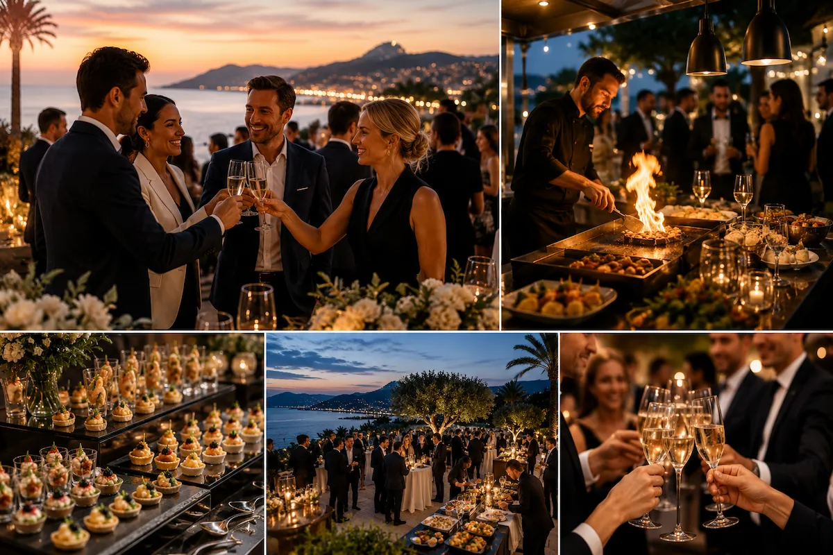 Cocktail d’entreprise avec invités et buffet face à la mer