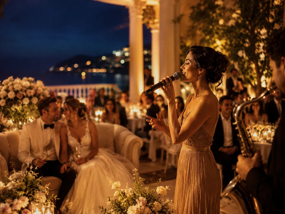 Chanteuse lors d’une réception de mariage en soirée