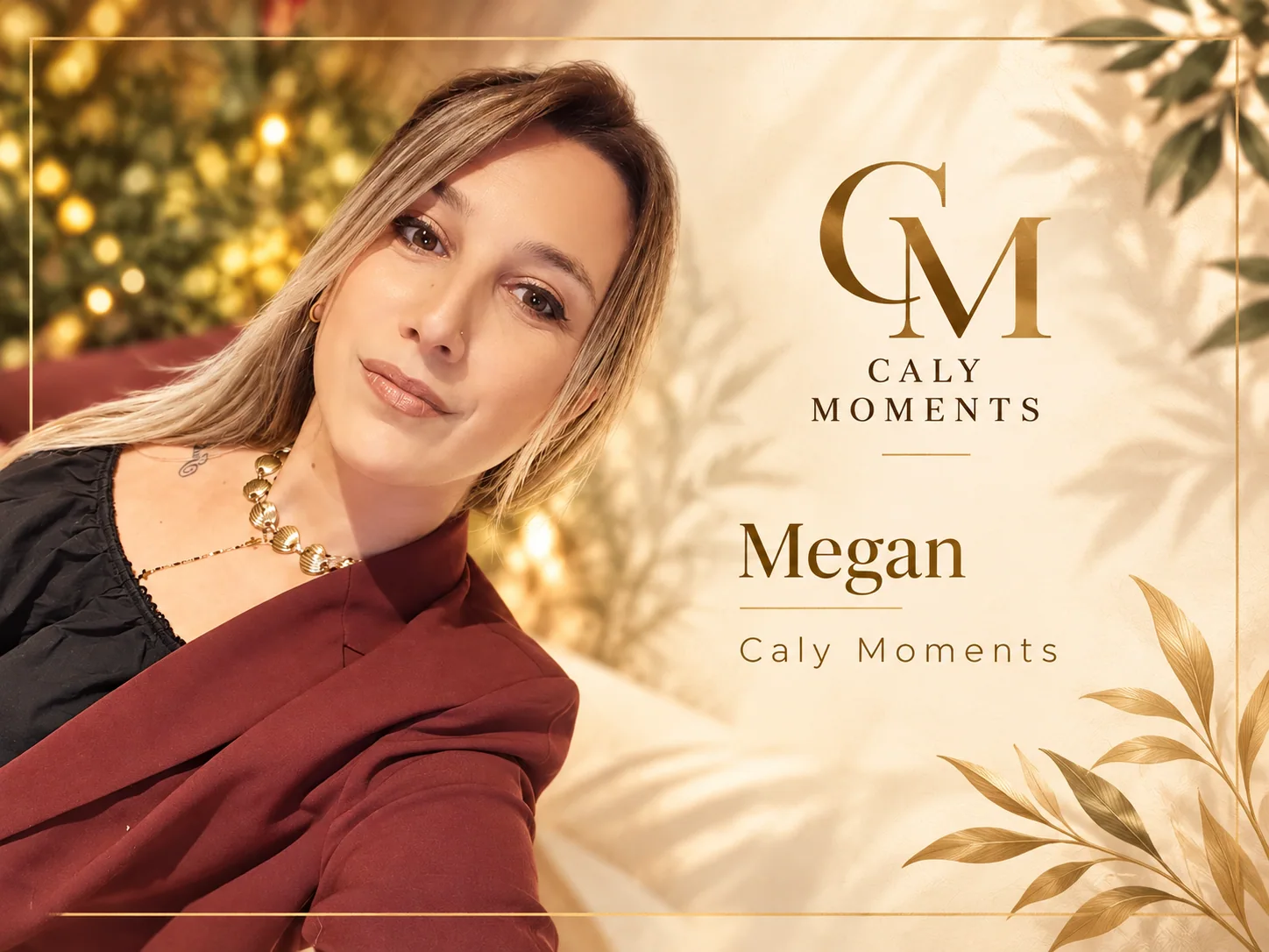 Carte de présentation de Megan avec portrait et logo Caly Moments