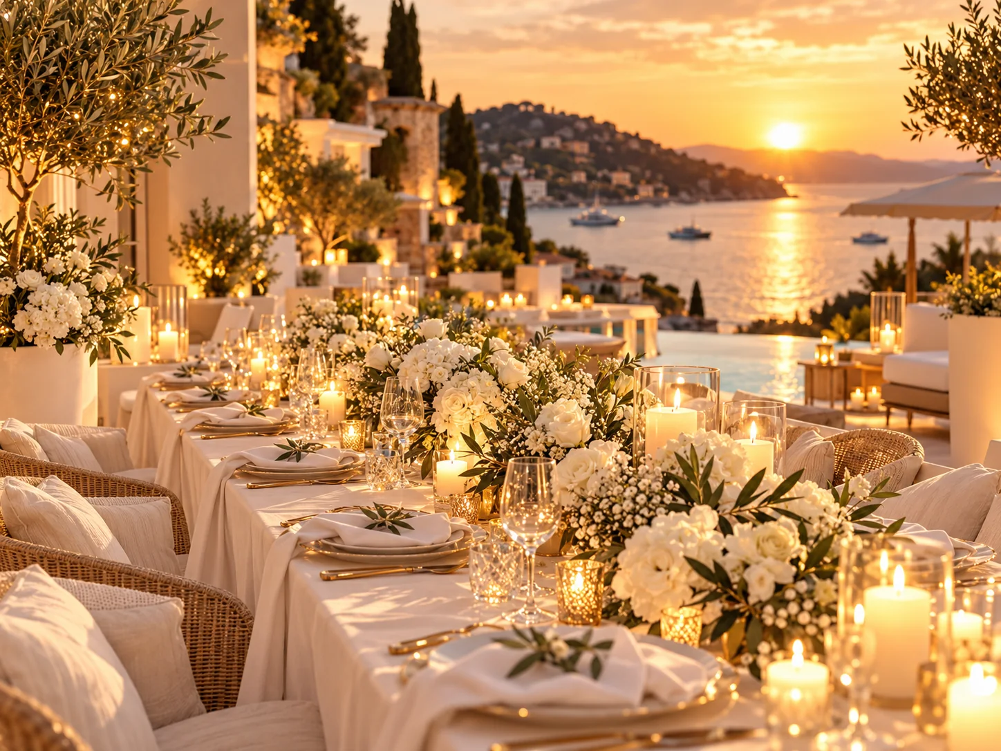 Table de réception décorée de fleurs blanches et de bougies face à la Méditerranée au coucher du soleil