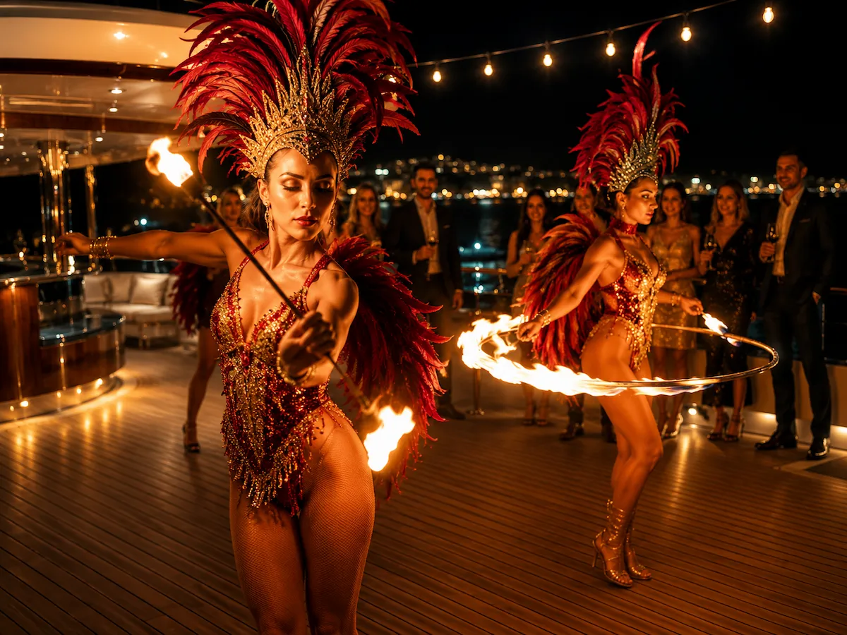Danseuses de cabaret réalisant un spectacle de feu