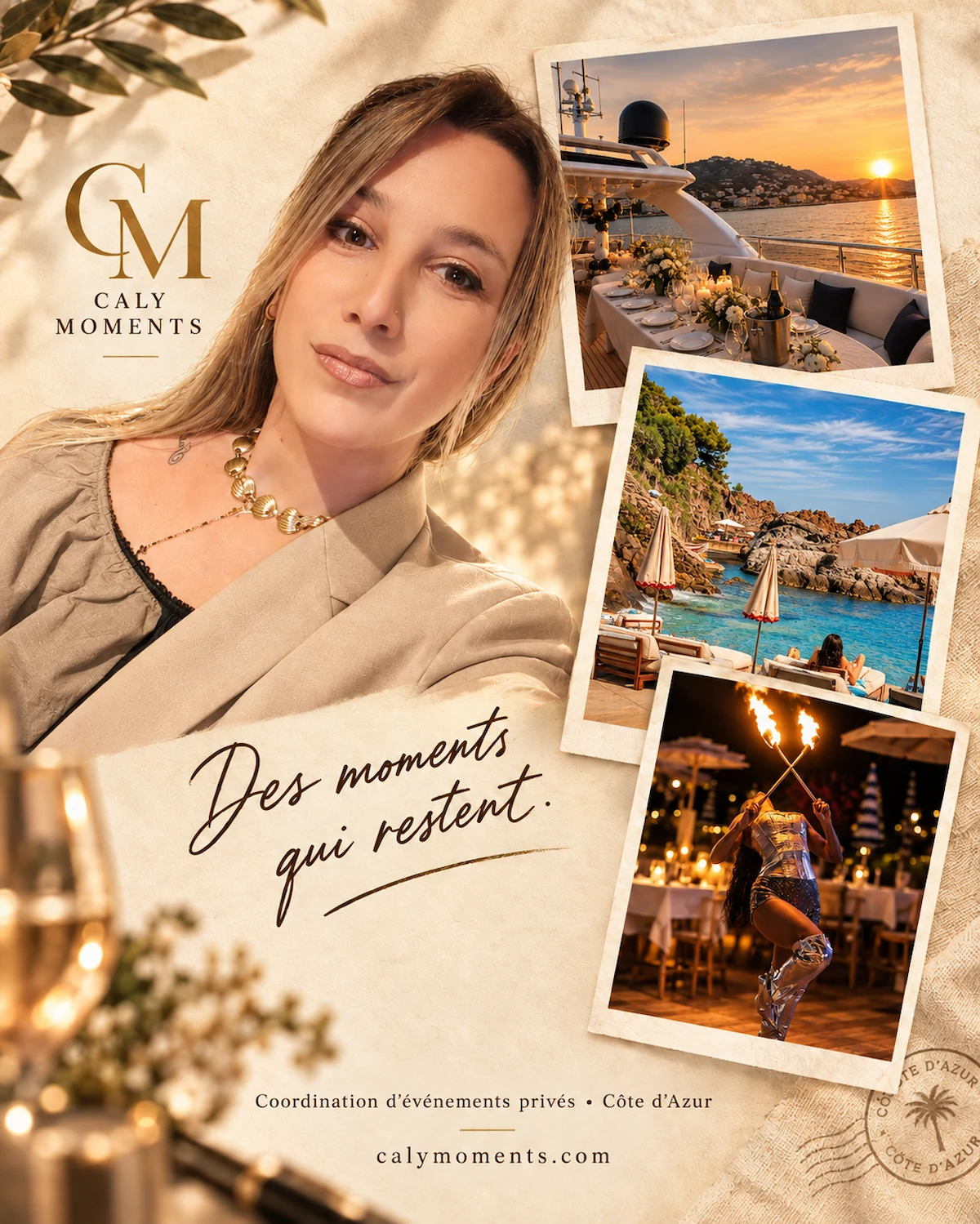 Visuel de présentation Caly Moments avec un portrait, un yacht, une plage et une animation artistique